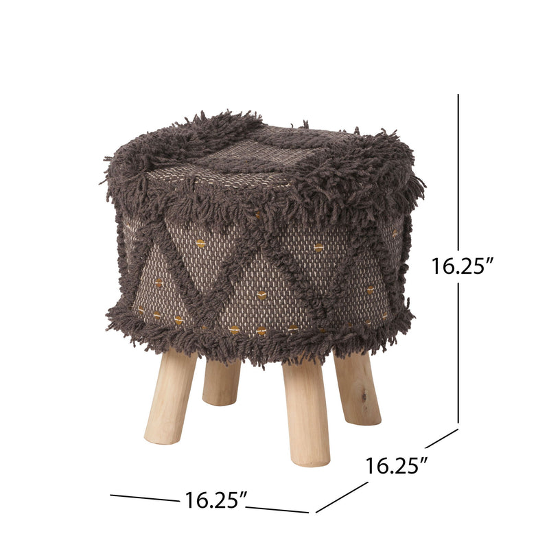 Dark brown handcrafted wool and cotton Ottoman foot stool with eucalyptus wood frame by Noble House.