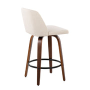 Set of two Lumi Source Toriano mid-century modern counter stools with wooden legs and upholstered seats, ideal for kitchen or bar area.