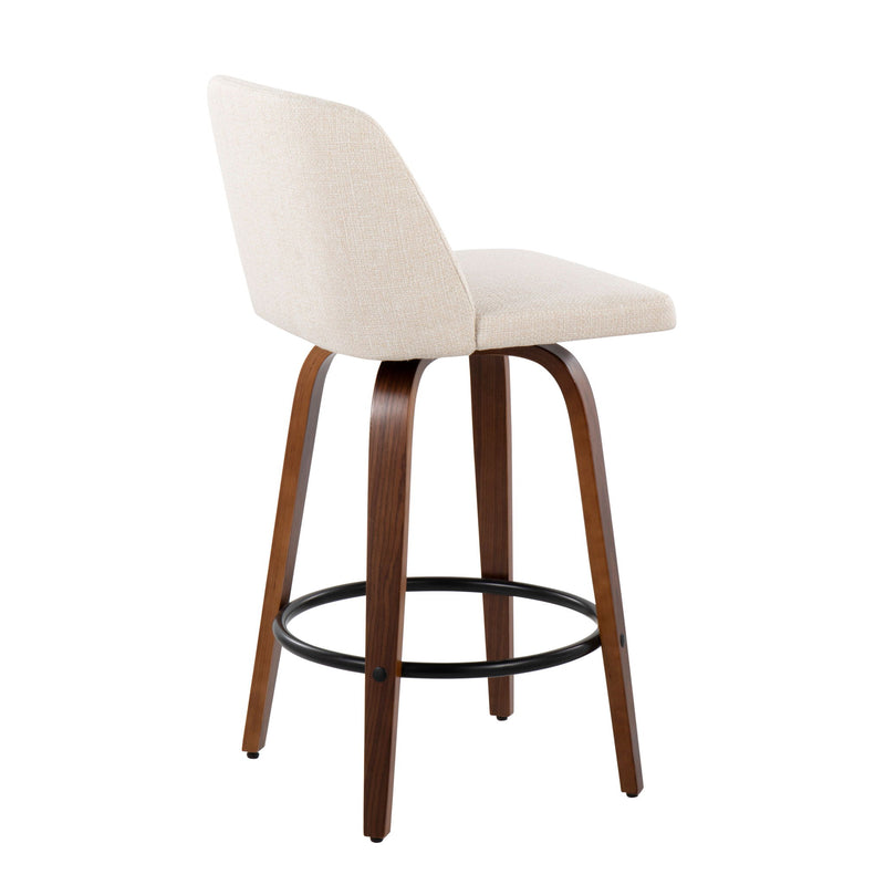 Set of two Lumi Source Toriano mid-century modern counter stools with wooden legs and upholstered seats, ideal for kitchen or bar area.