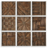 Set of nine dark brown rustic wooden squares wall decor by Uttermost, arranged in a decorative pattern for interior design.