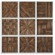 Set of nine dark brown rustic wooden squares wall decor by Uttermost, arranged in a decorative pattern for interior design.