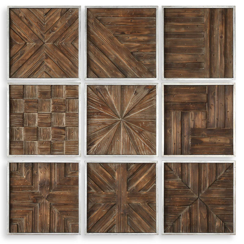 Set of nine dark brown rustic wooden squares wall decor by Uttermost, arranged in a decorative pattern for interior design.