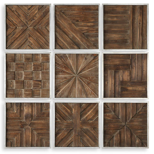 Set of nine dark brown rustic wooden squares wall decor by Uttermost, arranged in a decorative pattern for interior design.