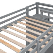 DreamHaus bunk bed with trundle and staircase, featuring sturdy wood frame and space-saving design for children's bedroom.
