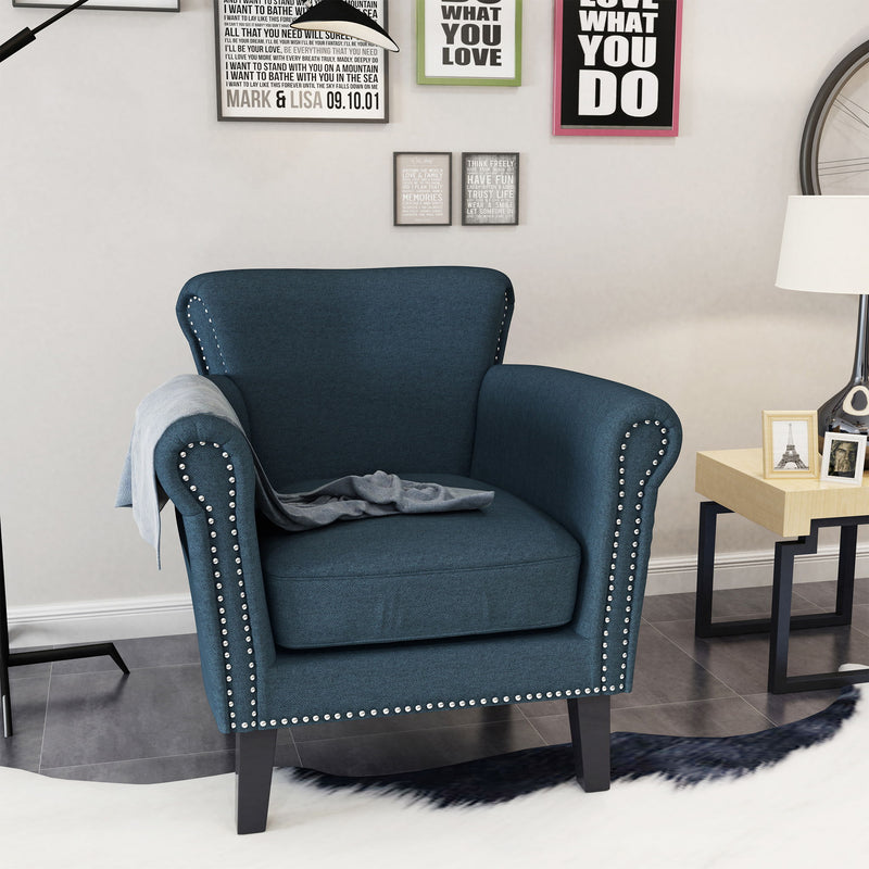 Elegant Noble House club arm chair with nailhead trim and birch wood legs, showcasing plush upholstery and stylish design.