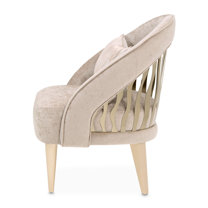 Michael Amini La Rachelle Flame Chair accent chair with ornate carved wood frame and plush upholstered seat and back.