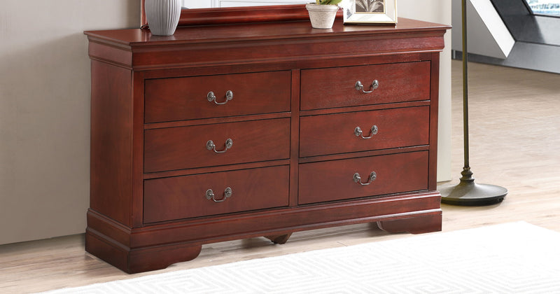 Louis Phillipe bedroom dresser by Glory Furniture with multiple drawers, showcasing elegant wooden design and polished finish.