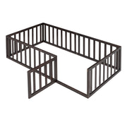 DreamHaus twin size floor bed frame with fence and door, walnut finish, featuring a sturdy panel design and safety features.