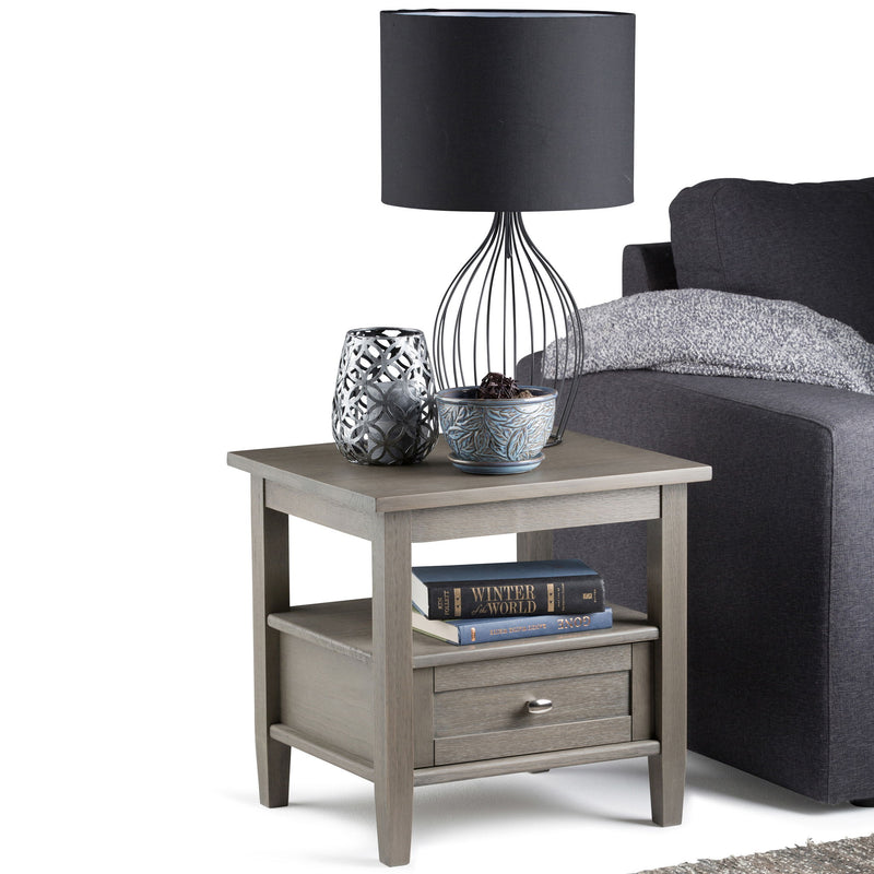 Handcrafted Warm Shaker coffee table by Simpli-Home with a wooden finish and sturdy legs, perfect for living room décor.