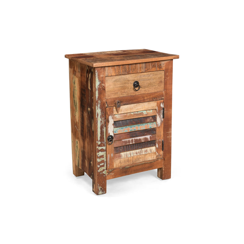 Natural recycled wood side table with drawer and door by Noble House, showcasing a rustic and eco-friendly design.