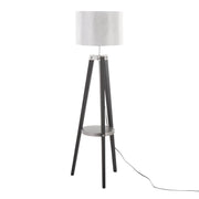 Lumi Source Compass mid-century modern floor lamp with integrated shelf, featuring a sleek design and a wooden base and metal shade.