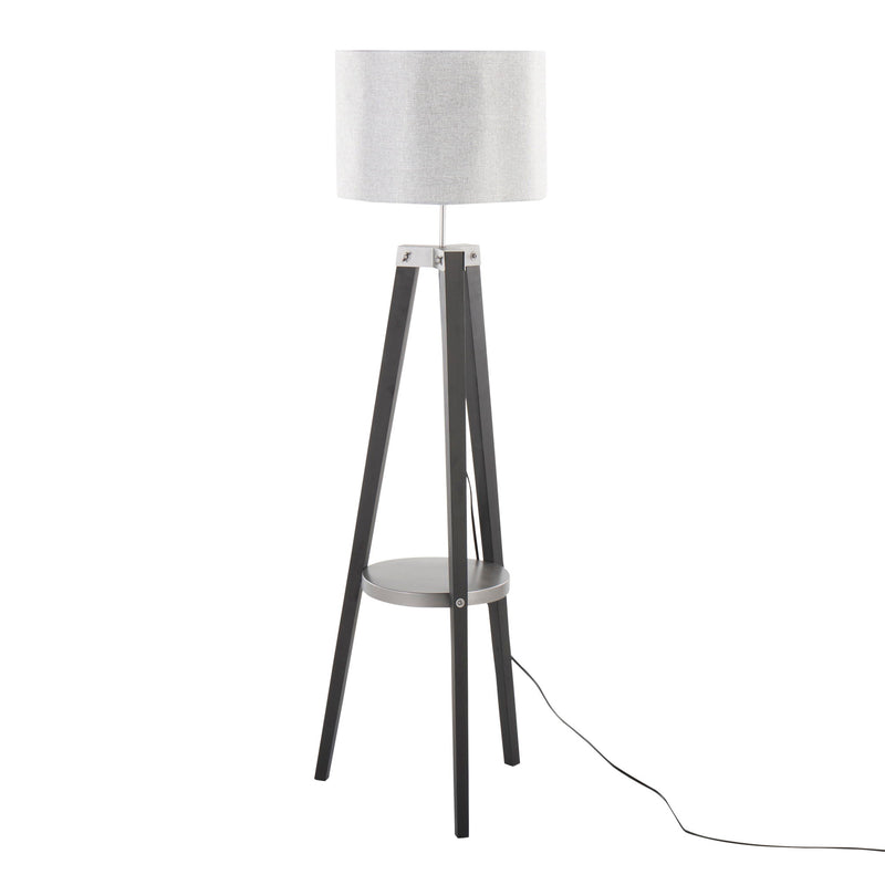 Lumi Source Compass mid-century modern floor lamp with integrated shelf, featuring a sleek design and a wooden base and metal shade.