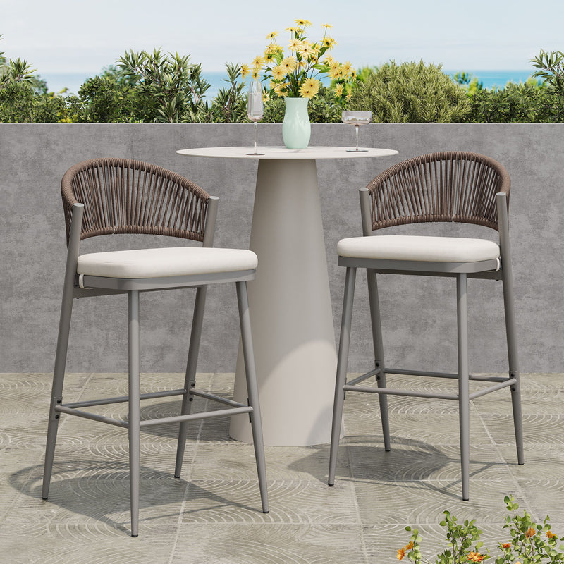Outdoor Bar Height Metal Frame Counter Stools With Scallop Shaped Backrest & Water Resistant Cushions - R&R Furniture Gallery (Fountain Valley, CA)