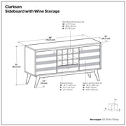 Brown Simpli-Home Clarkson sideboard with storage, featuring multiple compartments and a sleek, modern design.