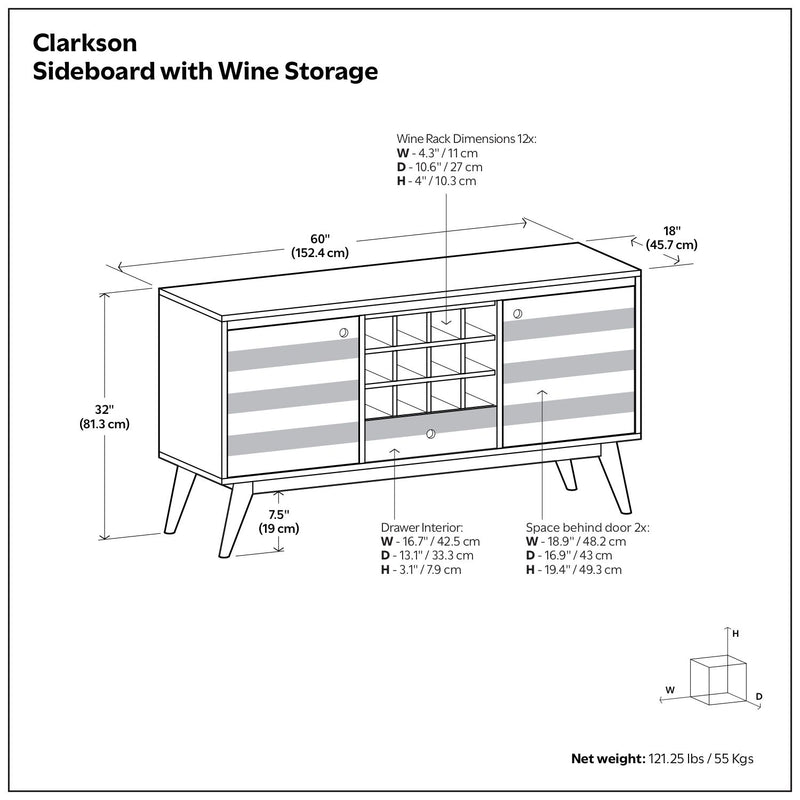 Brown Simpli-Home Clarkson sideboard with storage, featuring multiple compartments and a sleek, modern design.