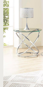 Modern chrome cocktail table set by Bernards Furniture, featuring sleek round tables with reflective chrome finishes.