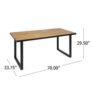 Outdoor teak dining table with U-shaped legs and slat top, designed for outdoor patio dining by Noble House.