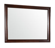 Glory Furniture LaVita mirror with sleek, modern design, framed in wood, hanging on a wall with clear glass reflecting a room.