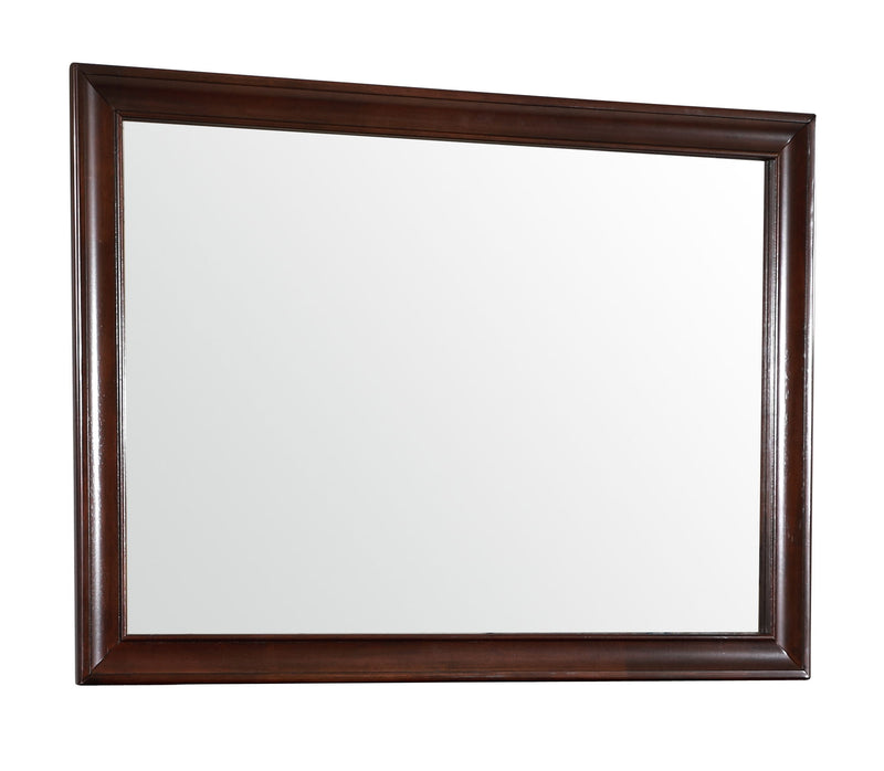 Glory Furniture LaVita mirror with sleek, modern design, framed in wood, hanging on a wall with clear glass reflecting a room.