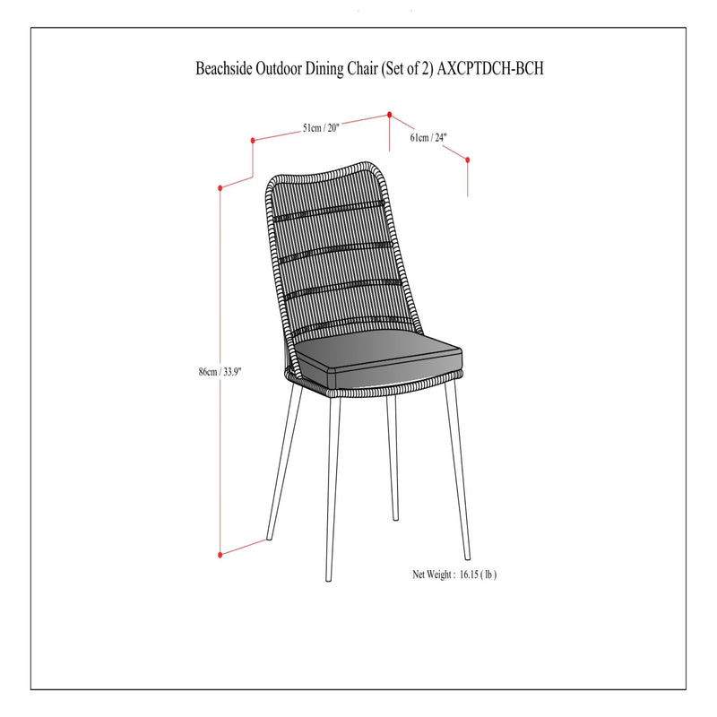 Set of two Gray Beachside outdoor dining chairs by Simpli-Home with slatted seats and armrests for patio or garden use.