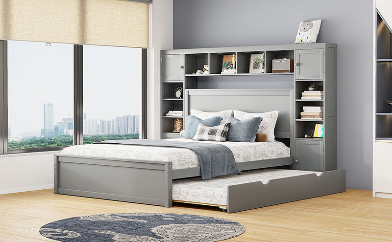 DreamHaus cabinet bed with integrated shelf, sockets, and twin long trundle, showcasing a modern multi-functional bedroom furniture piece.