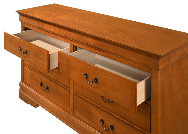 Elegant Louis Phillipe traditional dresser by Glory Furniture with carved wood details and multiple drawers.