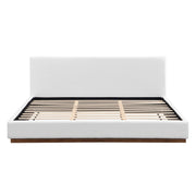 Elegant upholstered bed by Noble House with boucle fabric and a wood grain textured solid wood base frame.