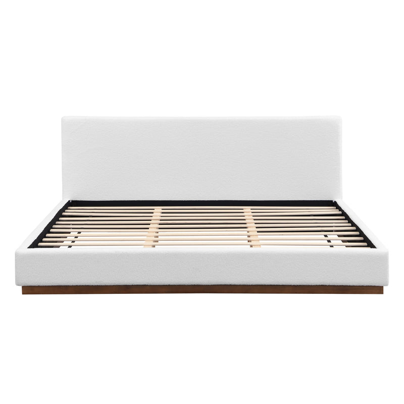 Elegant upholstered bed by Noble House with boucle fabric and a wood grain textured solid wood base frame.