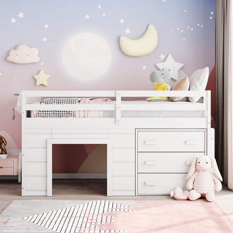 DreamHaus loft bed with integrated cabinet and shelf, featuring a sturdy wooden frame and space-saving design for bedrooms.