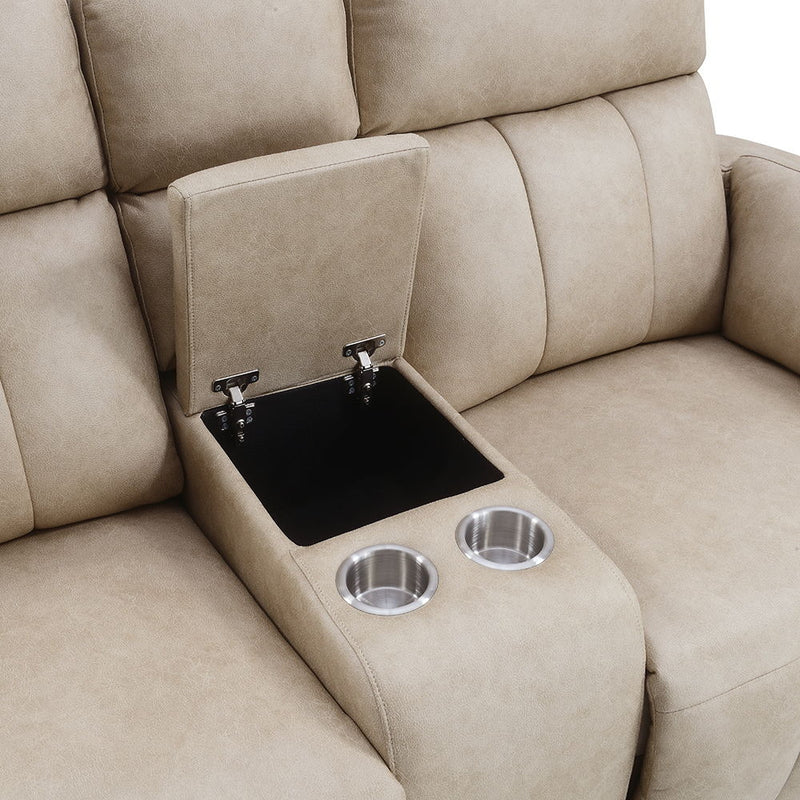 Elison - Motion Loveseat With Console - Dark Beige Polish Microfiber - R&R Furniture Gallery (Fountain Valley, CA)