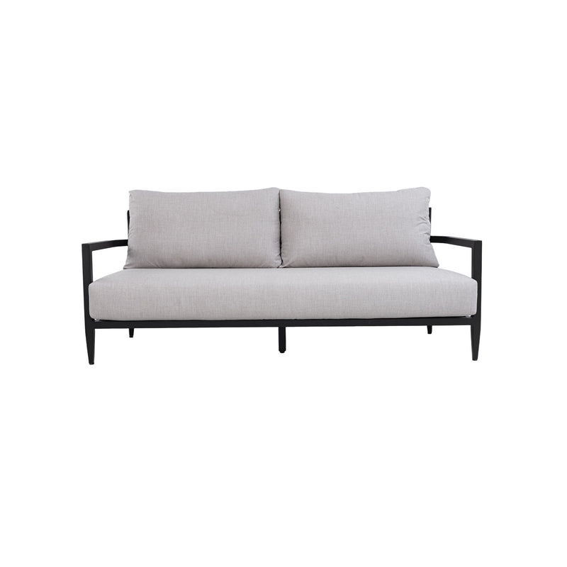 Outdoor Life Outside bench sofa with Sunbrella cushion, weather-resistant Ember Black patio seating, ideal for outdoor relaxation.