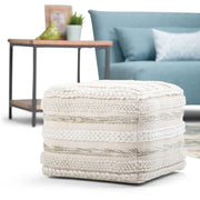 Handcrafted square fabric pouf from Simpli-Home, versatile accent piece for living room or seating area, in neutral tones.