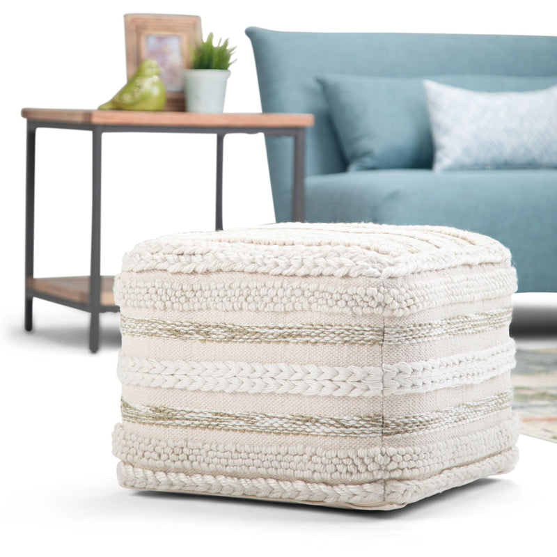 Handcrafted square fabric pouf from Simpli-Home, versatile accent piece for living room or seating area, in neutral tones.