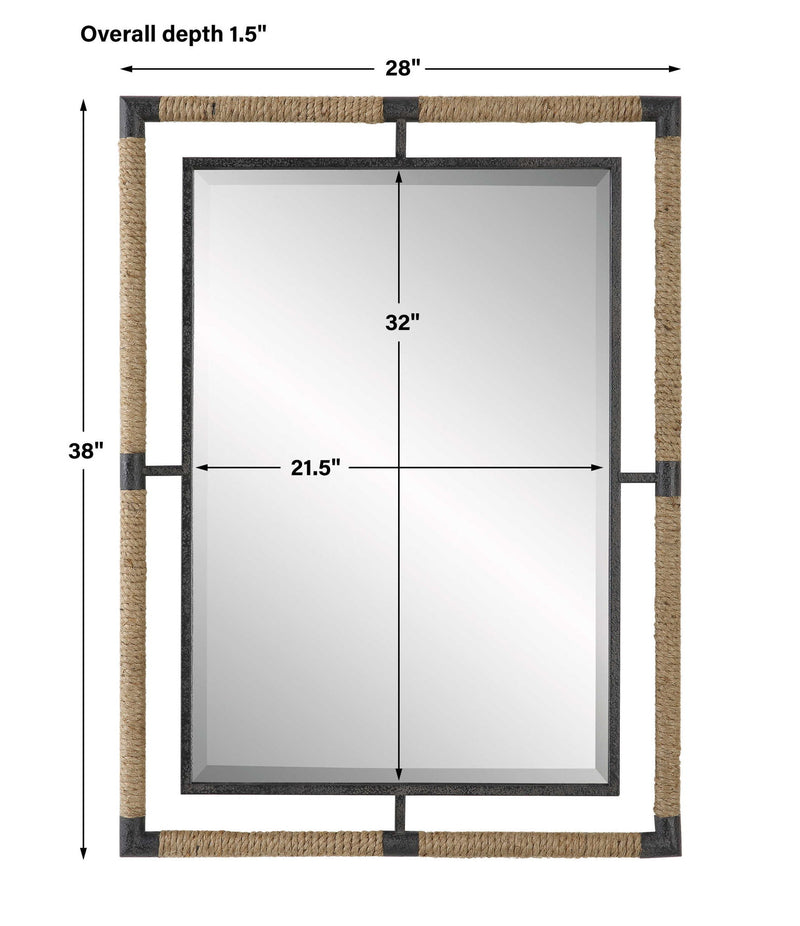 Uttermost Melville Iron and Rope Wall Mirror in light brown with a round frame and rustic design, suitable for modern or coastal decor.