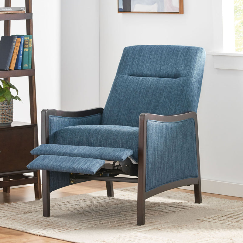 Noble House Drury contemporary fabric upholstered pushback recliner with padded armrests and plush seat in a modern living room setting.