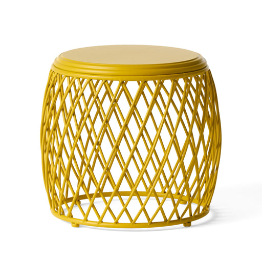 Noble House Alamera side table with a round wooden top and metal frame, modern accent furniture for living room or bedroom.