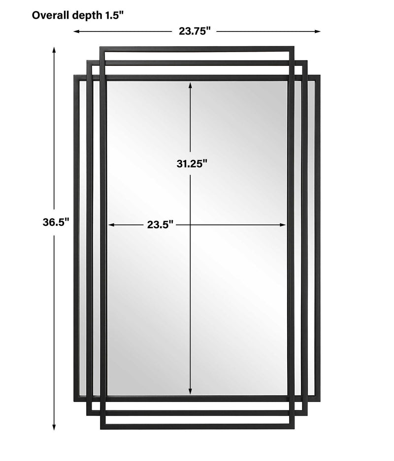 Uttermost Amherst wall mirror with a sleek, modern frame, hanging on a wall, reflecting a stylish interior.