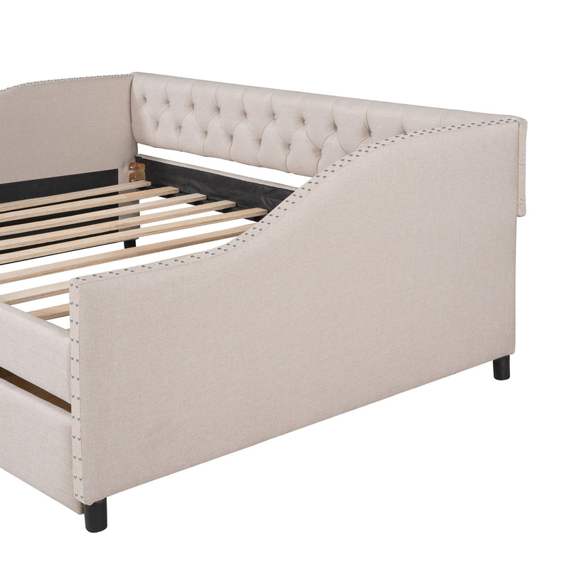 DreamHaus upholstered storage daybed with two drawers and wood slat support, featuring a cushioned beige fabric and sleek wooden frame.