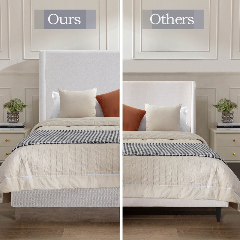 House & Home Furniture Hosford minimalist upholstered wingback bed with wood base platform, showcasing clean lines and soft fabric upholstery.