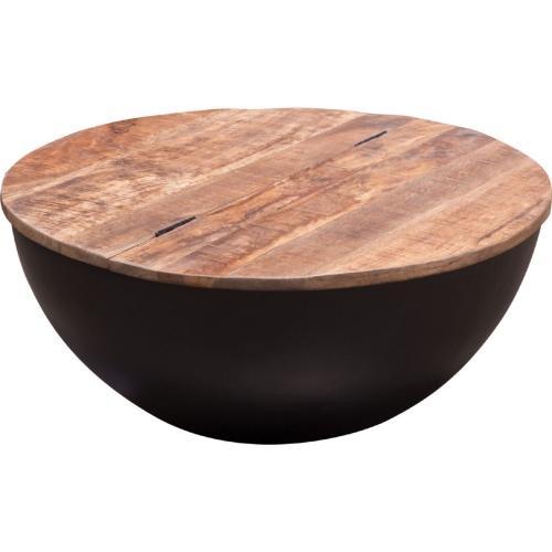 Salem Round Drum Storage Cocktail Table w/ Natural Mango Wood Top & Metal Base