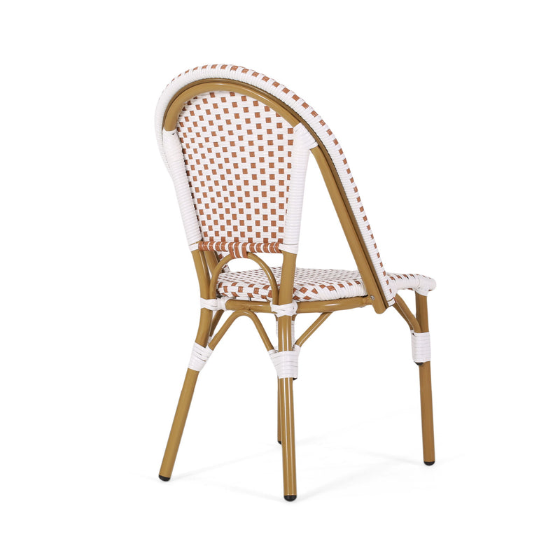 Outdoor rattan and aluminum French bistro chairs set by Noble House, showing stylish, weather-resistant chair design for patio dining.
