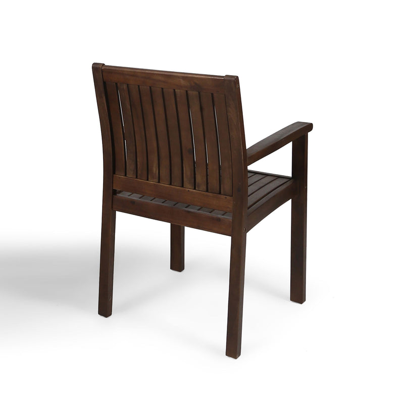 Pair of Wilson rustic dining chairs by Noble House, made of acacia wood with slat panel design in dark brown.