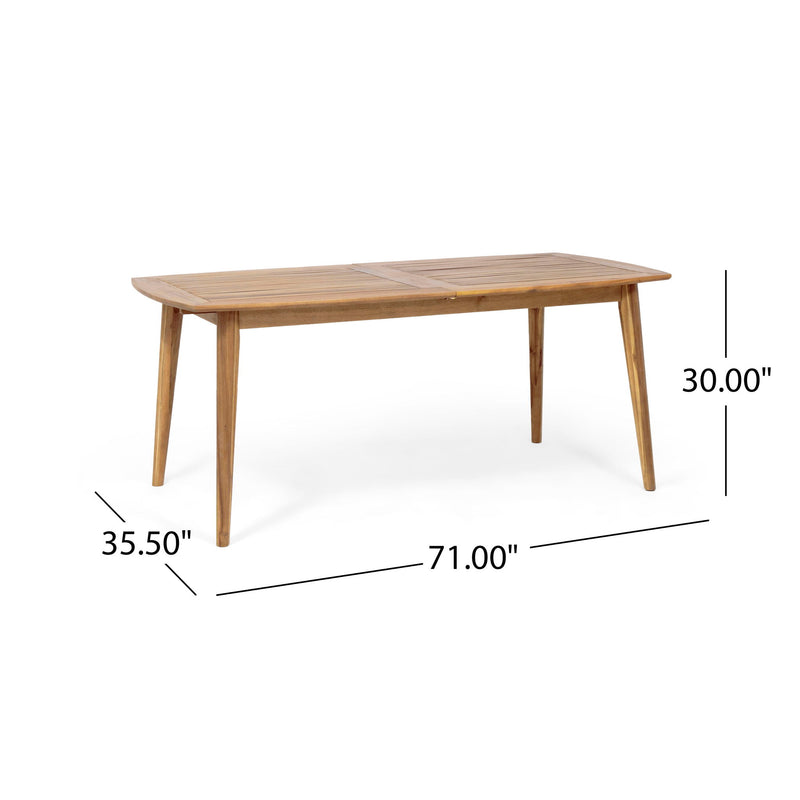 Noble House Placidity outdoor expandable dining table with slatted tabletop and tapered legs, ideal for patio dining.