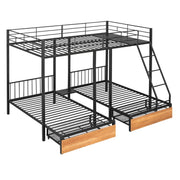 DreamHaus triple bunk bed with built-in drawers and safety guardrails, featuring a sturdy wooden frame and space-saving design.