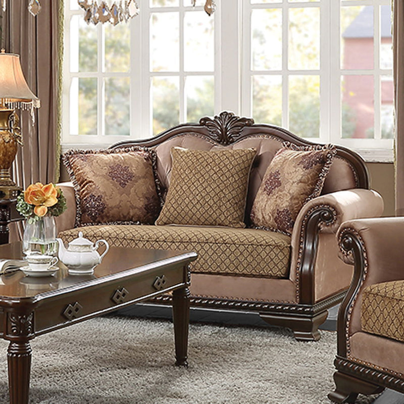 Chateau De Ville - Loveseat With 3 Pillows (Same Lv01589) - Fabric & Espresso - R&R Furniture Gallery (Fountain Valley, CA)