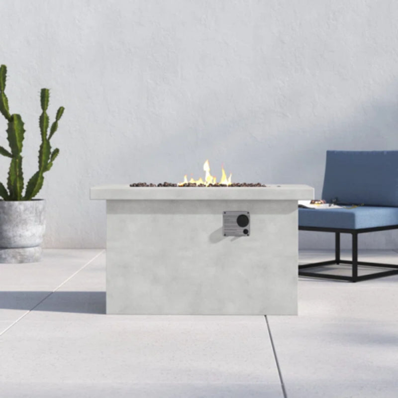 Gray propane and natural gas outdoor fire pit table by LSI Patio Furniture with a sleek, modern design and built-in flame feature.