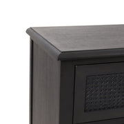 Dark gray Newell Cane 3-drawer accent dresser by Noble House featuring a sleek wood finish and stylish cane drawer fronts.