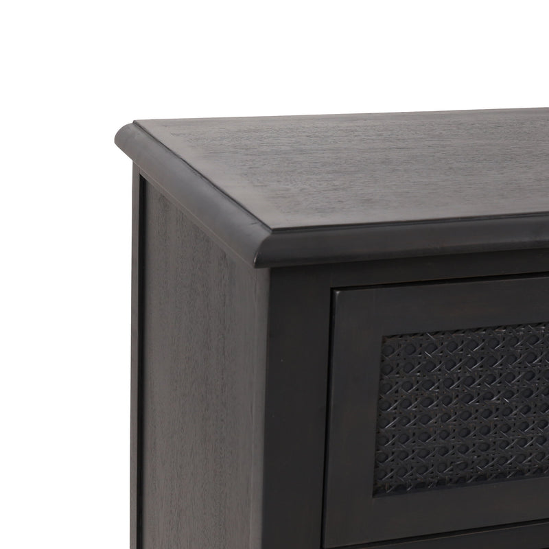 Dark gray Newell Cane 3-drawer accent dresser by Noble House featuring a sleek wood finish and stylish cane drawer fronts.