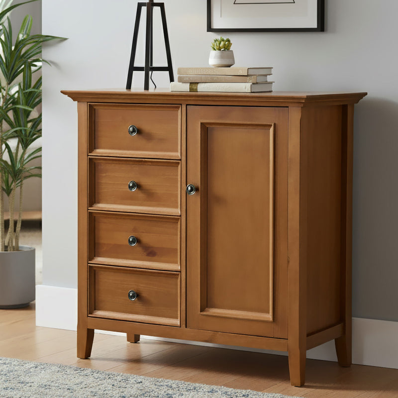 Handcrafted medium storage cabinet from Simpli-Home Amherst accent cabinet with wood finish and multiple storage compartments.