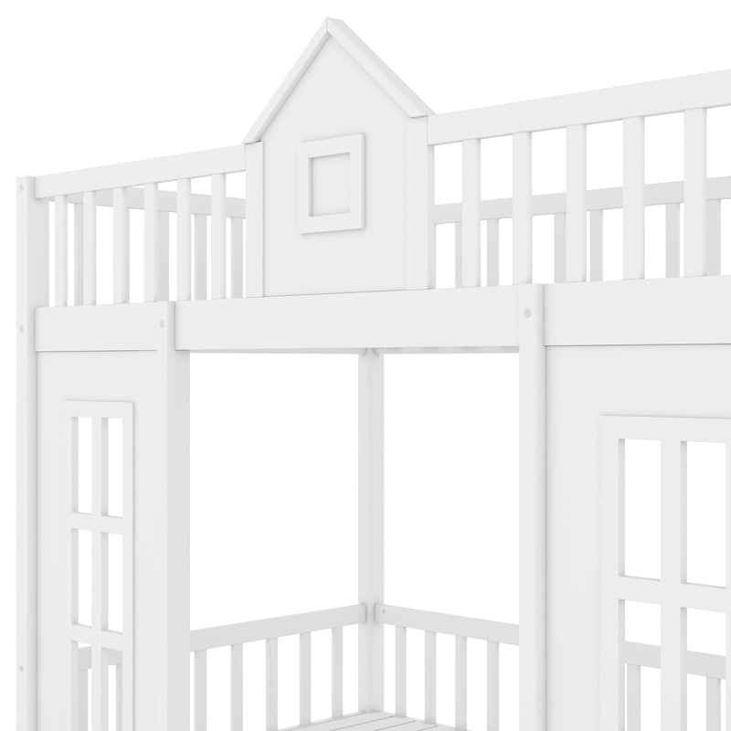 DreamHaus twin over twin bunk bed with changeable table, featuring upper bed and down desk, in a modern bedroom setting.
